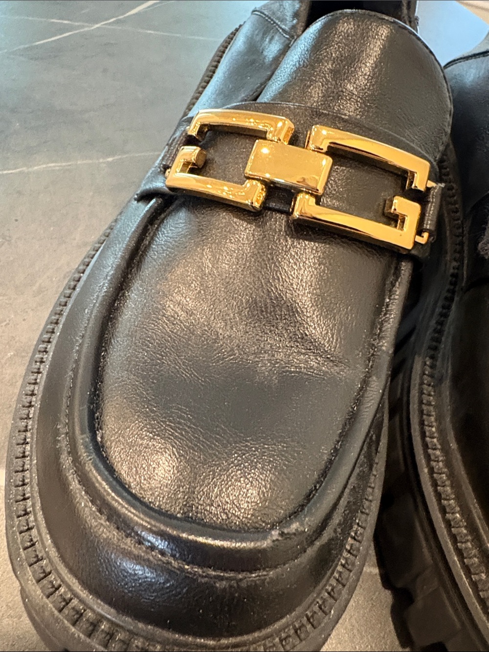 Black Leather Lug-Soled Loafers with Gold Chain Accent - Picture 5 of 5